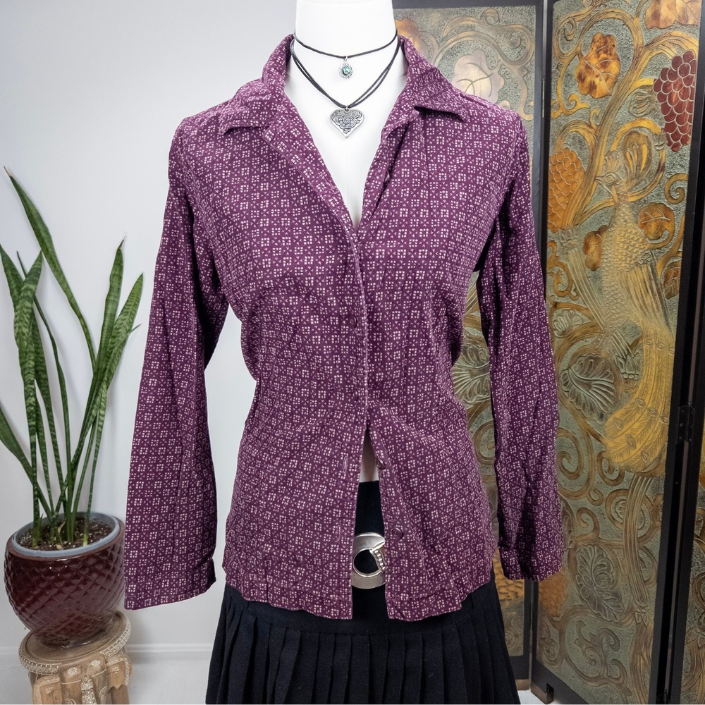 Vintage Plum Geometric Button Down Top - Cotton Knit Y2K Shirt‎ Petite Medium